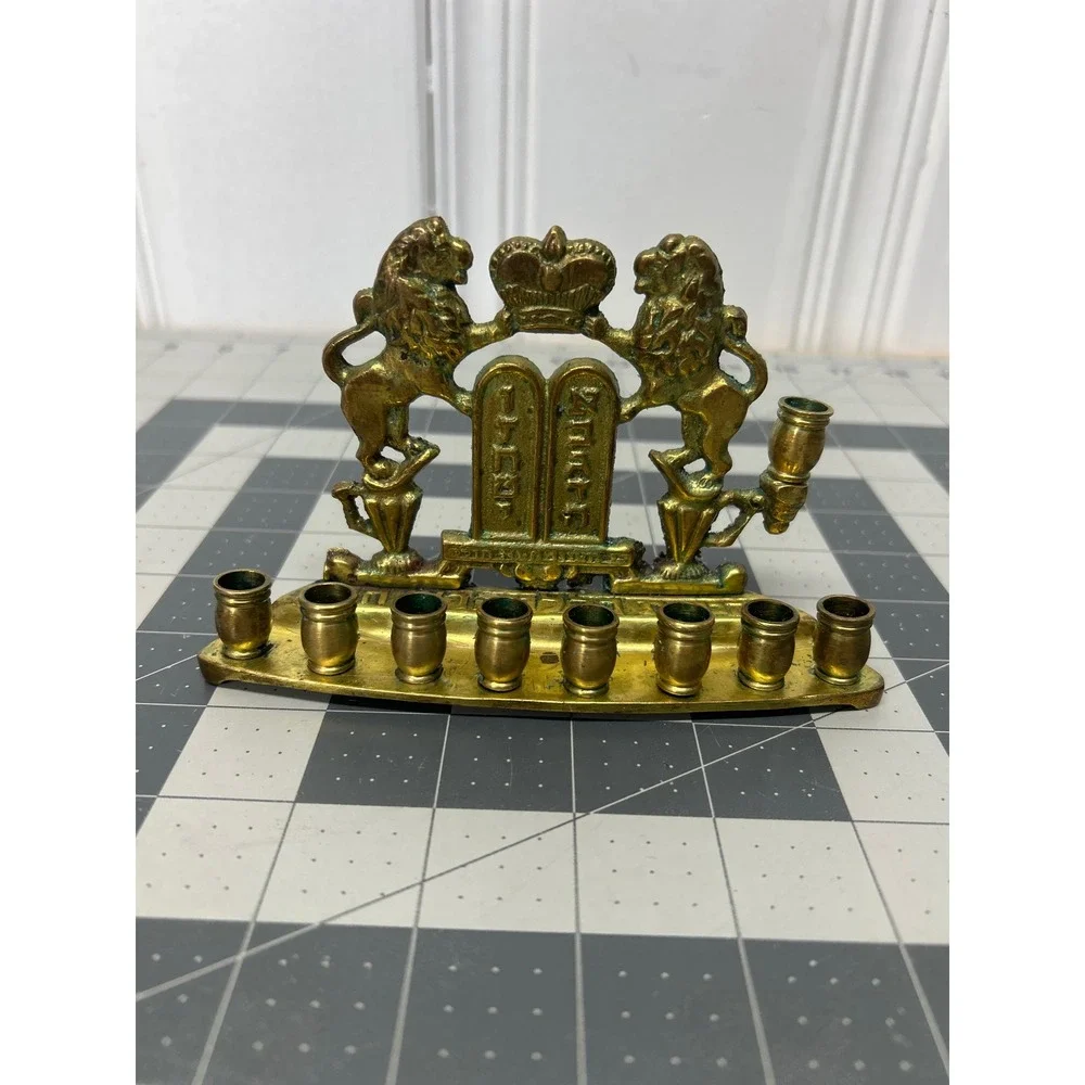 Vintage Menorah Brass Lions of Judah Ten Commandments Hannukkah Jewish Israel